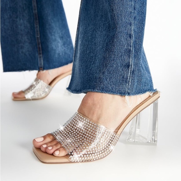 SHOE DAZZLE Vela Block Heeled Sandal Silver Rhinestone Slide Shoes Size 8 New - Picture 1 of 10